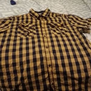 Tan and navy blue checkered button up shirt